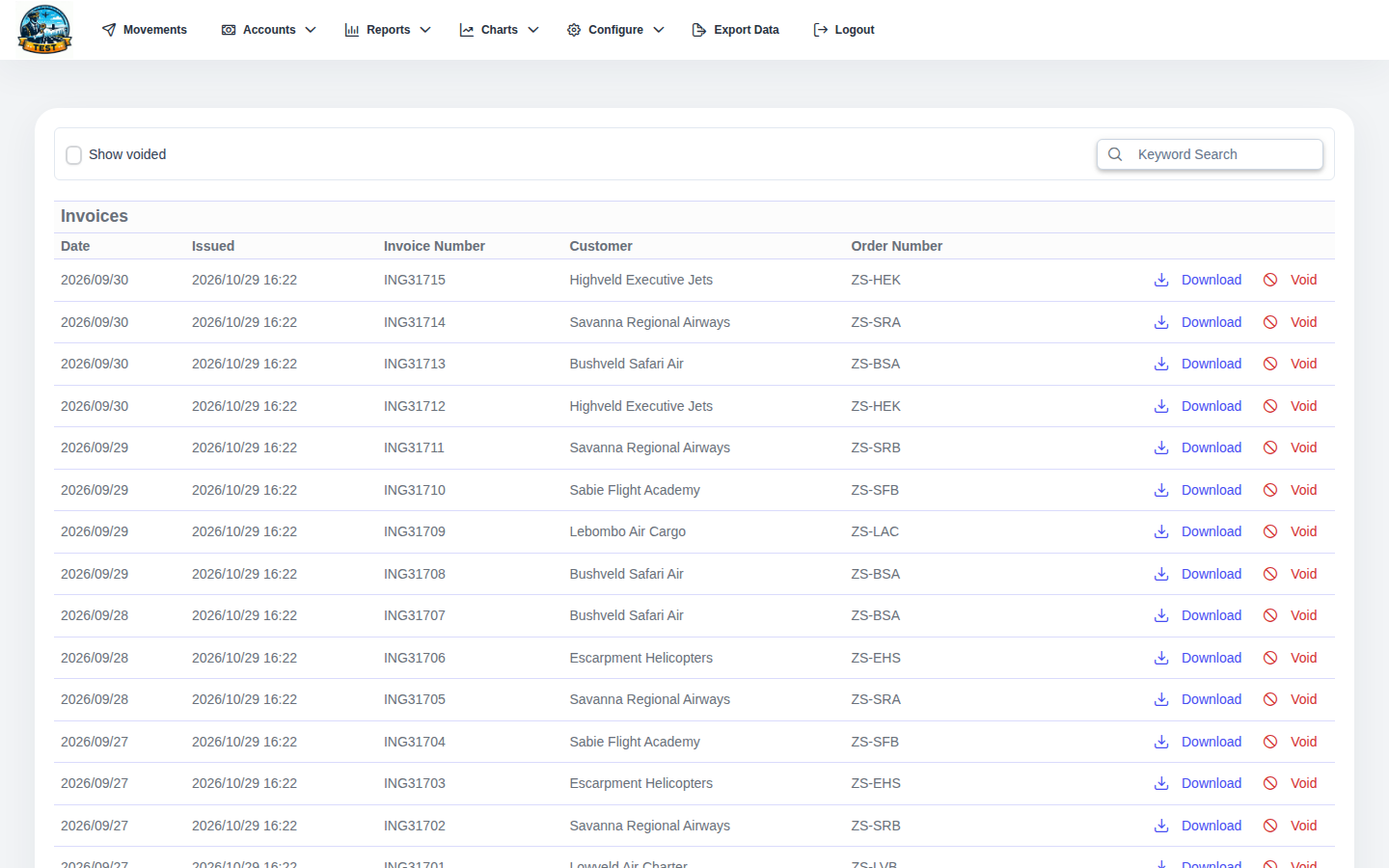 AMM list of issued invoices