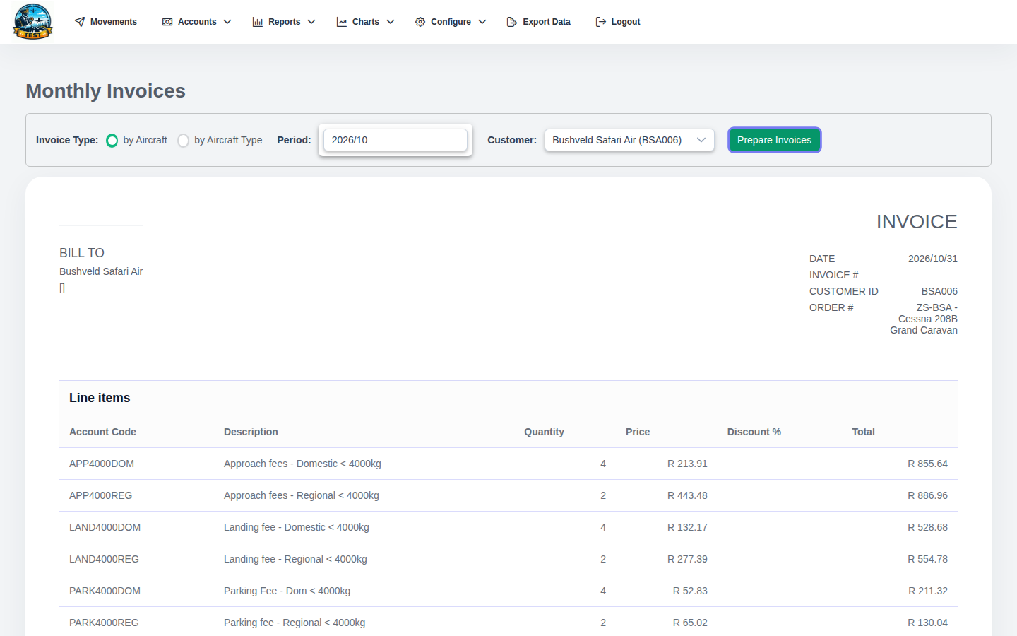 AMM monthly invoicing screen showing invoice previews for account customers