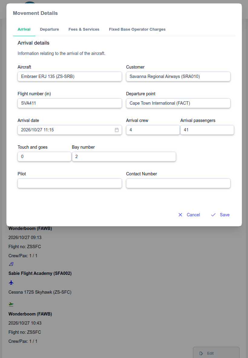 AMM movement details on a tablet, showing the arrival tab